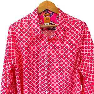Ruby Rd Woman 20W Pink Coral White Trellis Button Down Shirt Contrast Cuffs Chic